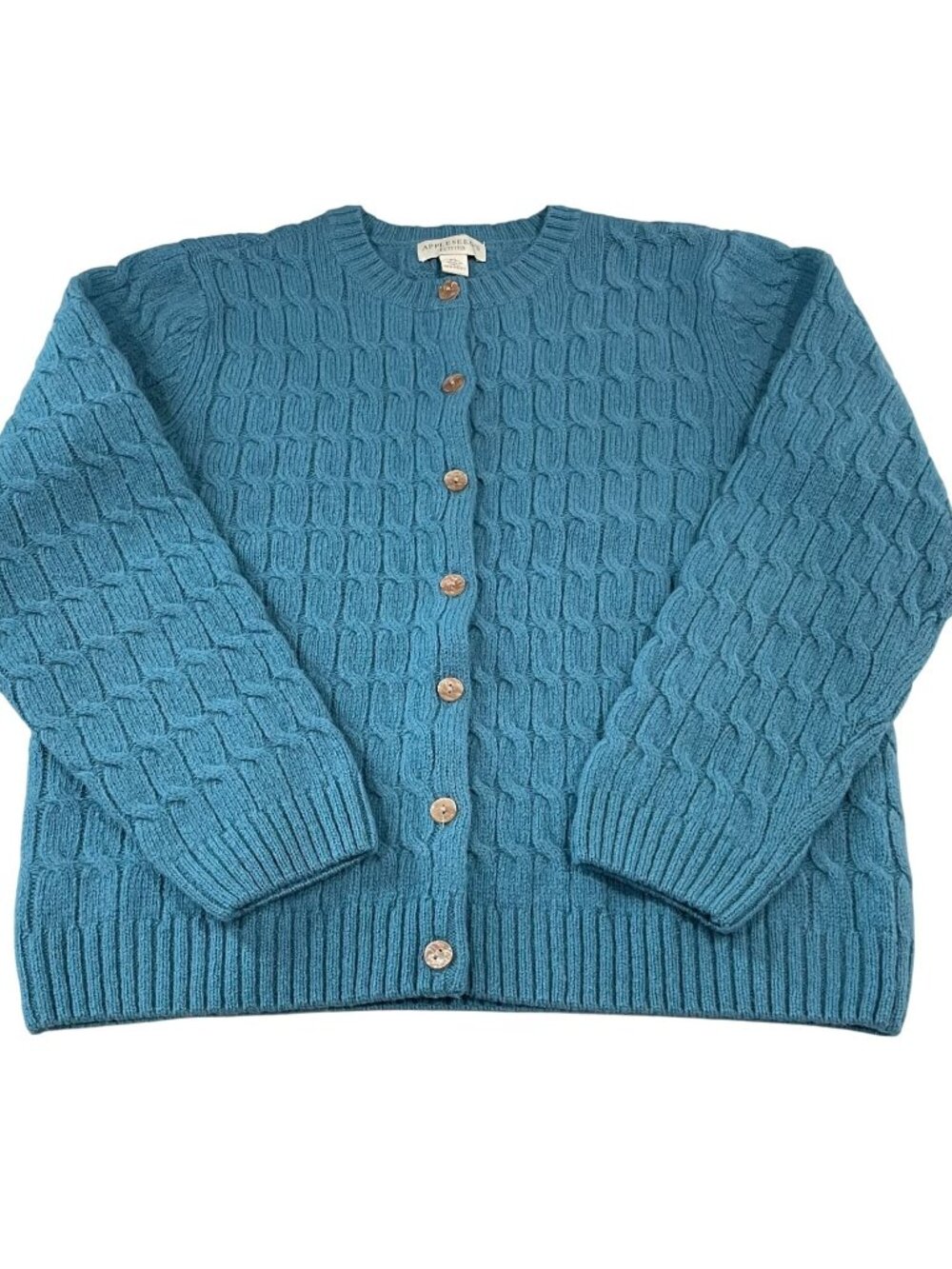 Appleseed's 100% Wool Cardigan Sweater PL Blue Cable Knit Preppy Grannycore
